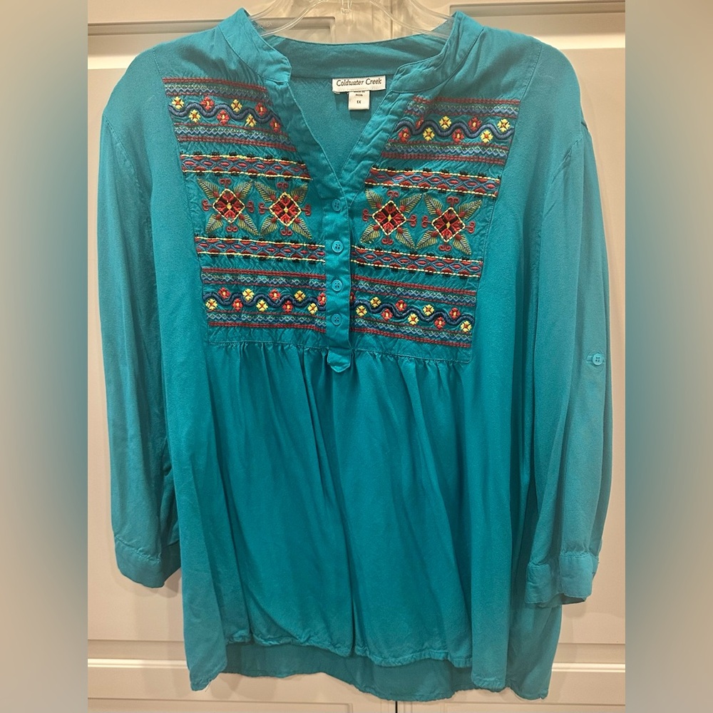 Coldwater Creek Size 1X Embroidered Turquoise Peasant Style Blouse